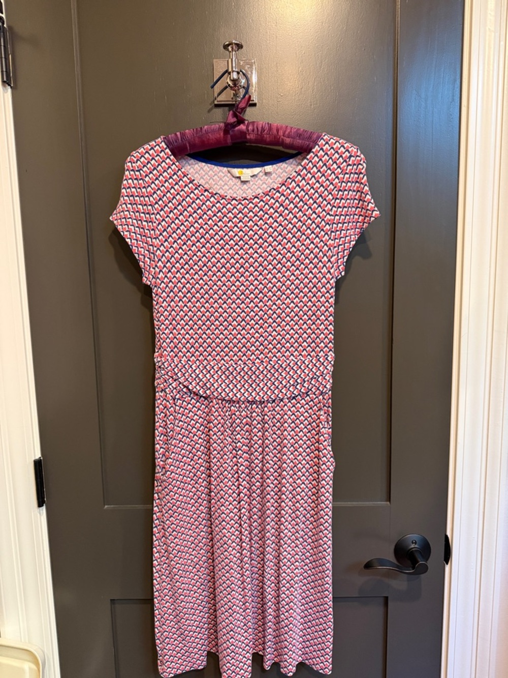 Boden Pink and Blue Geo-Print Short-Sleeve Midi Dress